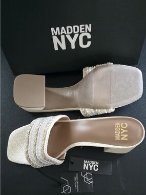 🆕Madden NYC Women’s Cream Braided Block Heel Slides
